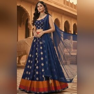 Elegant Navy Blue Woven Cotton Lehenga Choli